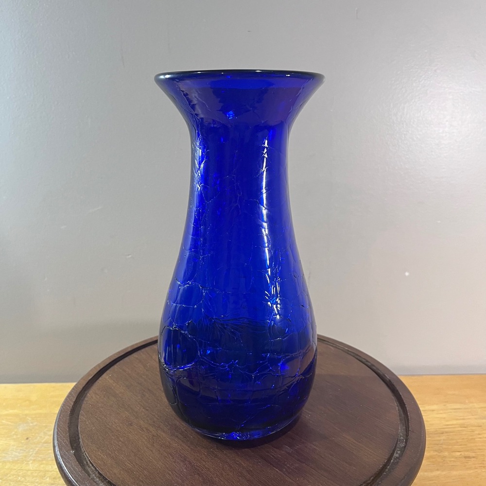 Blenko Crackle Glass Vase Cobalt Blue Vtg Style Hand Blown 2013 Signed